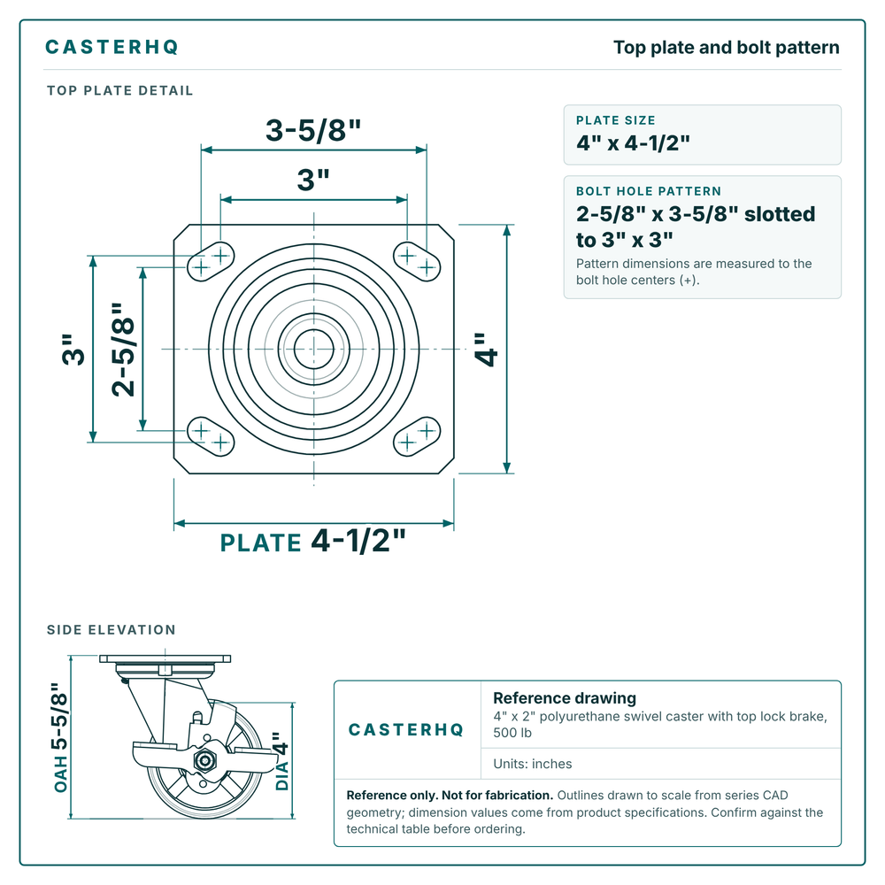 Top plate bolt pattern drawing, 4 x 4-1/2 in plate, slotted bolt holes