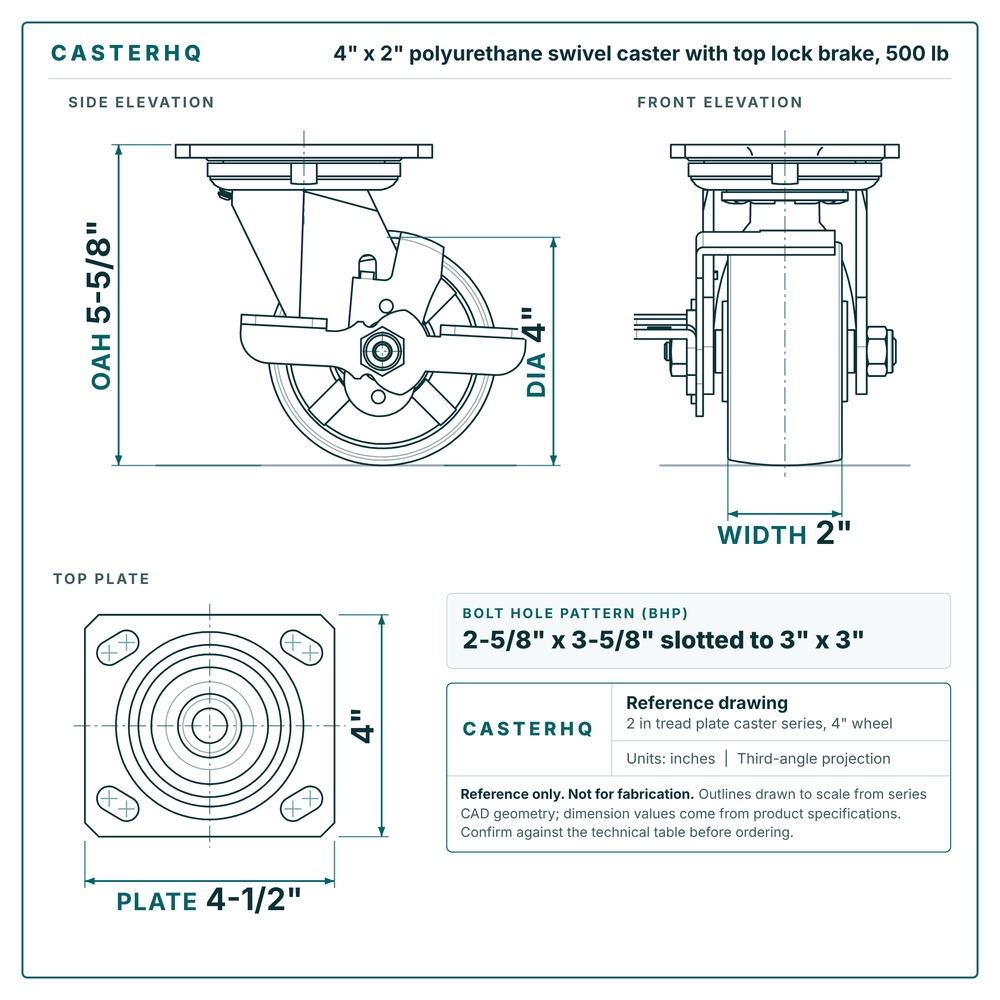 4 x 2 in polyurethane swivel caster with top lock brake reference drawing, side, front and top plate views with dimensions