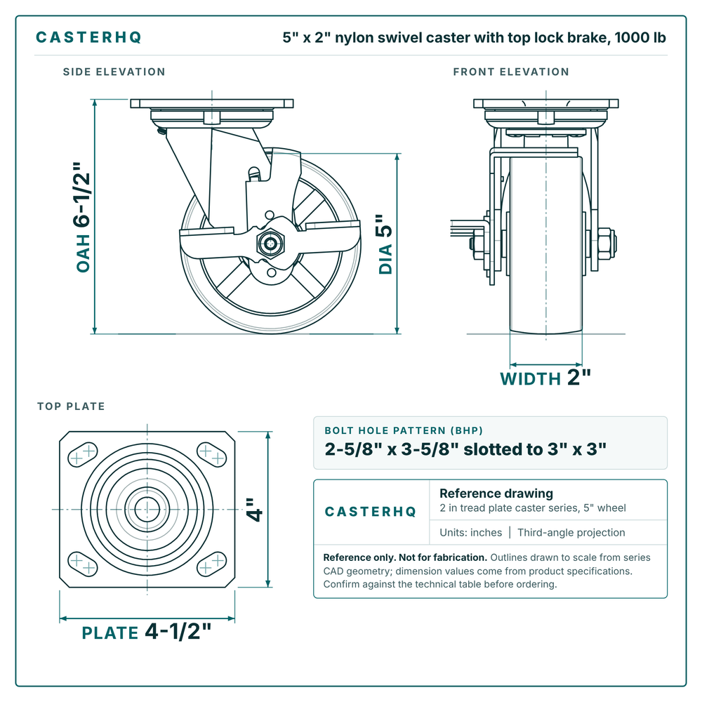 5 x 2 in nylon swivel caster with top lock brake reference drawing, side, front and top plate views with dimensions