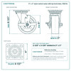 5 x 2 in nylon swivel caster with top lock brake reference drawing, side, front and top plate views with dimensions