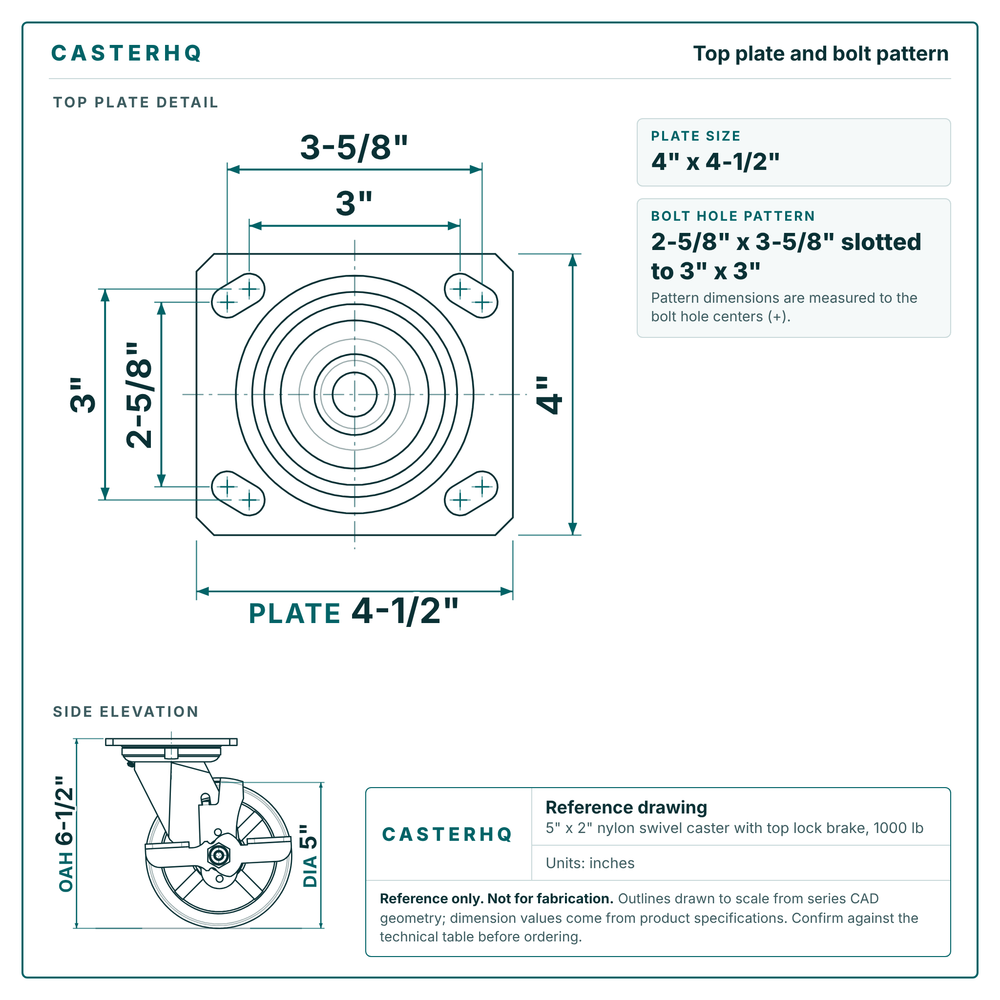 Top plate bolt pattern drawing, 4 x 4-1/2 in plate, slotted bolt holes