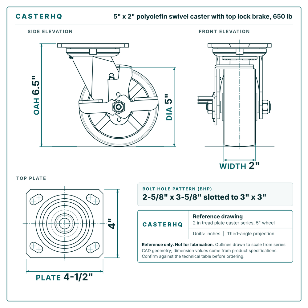 5 x 2 in polyolefin swivel caster with top lock brake reference drawing, side, front and top plate views with dimensions
