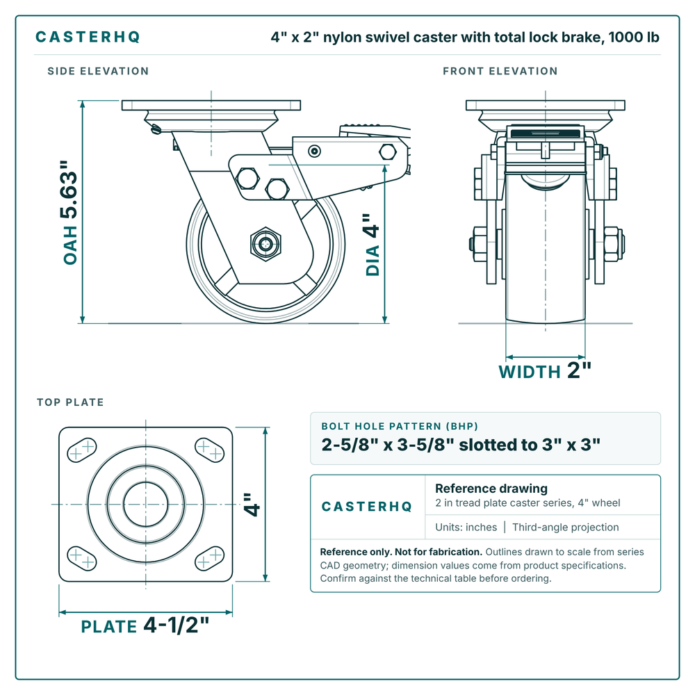 4 x 2 in nylon swivel caster with total lock brake reference drawing, side, front and top plate views with dimensions