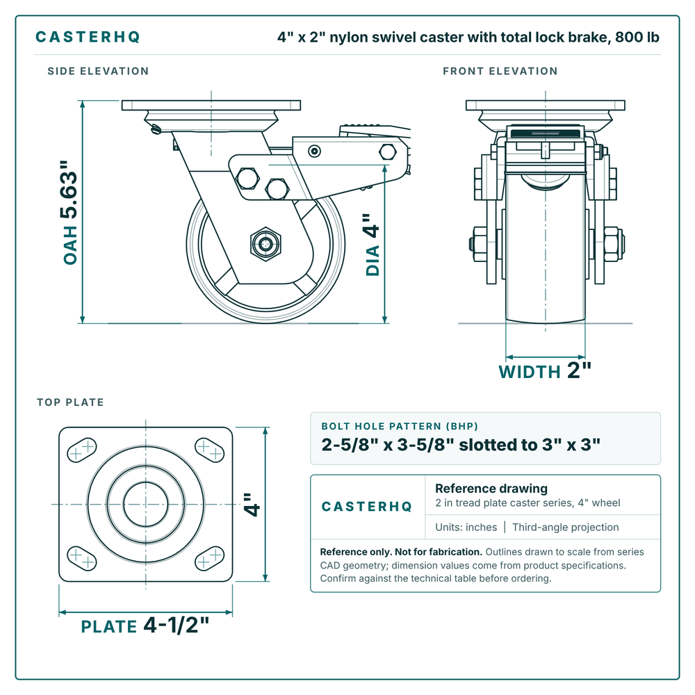 4 x 2 in nylon swivel caster with total lock brake reference drawing, side, front and top plate views with dimensions