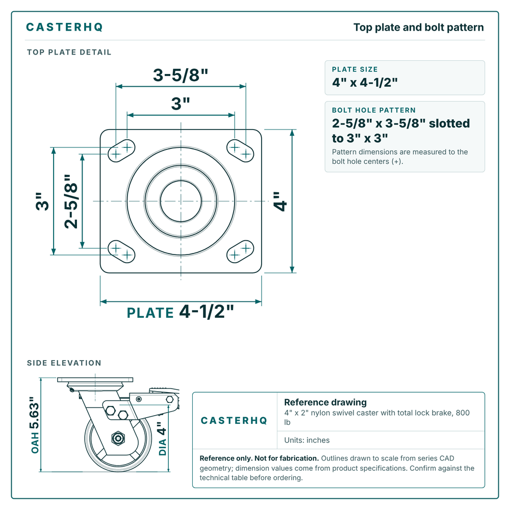 Top plate bolt pattern drawing, 4 x 4-1/2 in plate, slotted bolt holes