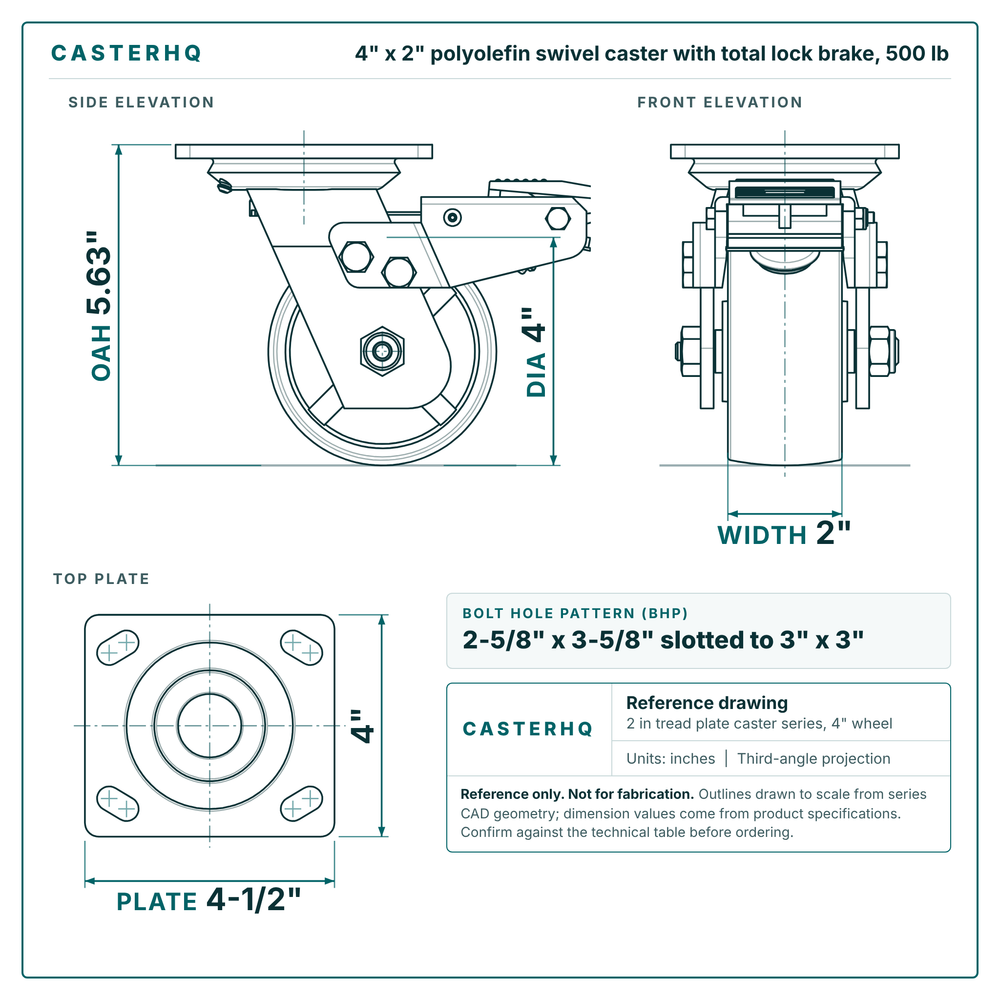 4 x 2 in polyolefin swivel caster with total lock brake reference drawing, side, front and top plate views with dimensions