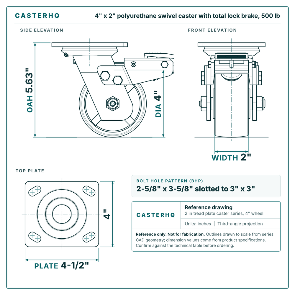 4 x 2 in polyurethane swivel caster with total lock brake reference drawing, side, front and top plate views with dimensions