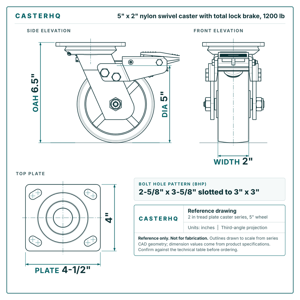5 x 2 in nylon swivel caster with total lock brake reference drawing, side, front and top plate views with dimensions