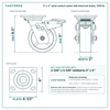 5 x 2 in nylon swivel caster with total lock brake reference drawing, side, front and top plate views with dimensions