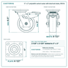 5 x 2 in polyolefin swivel caster with total lock brake reference drawing, side, front and top plate views with dimensions