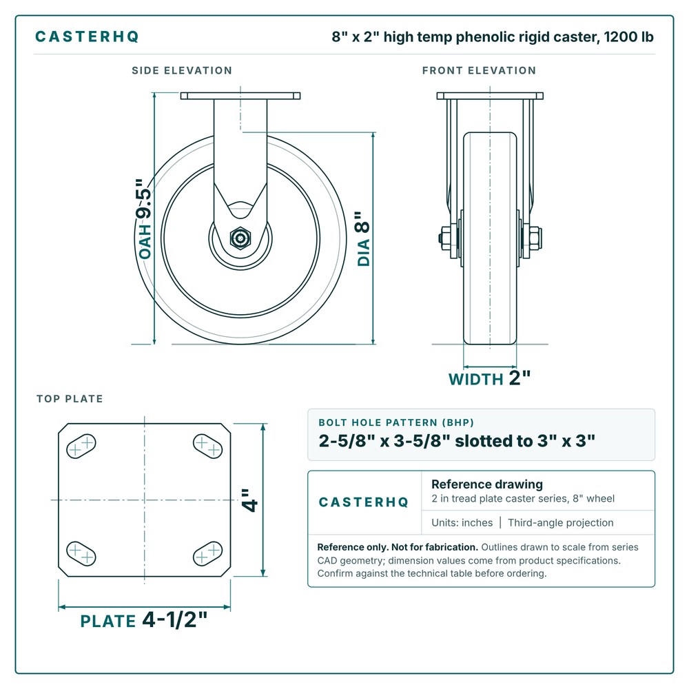 8 x 2 in high temp phenolic rigid caster reference drawing, side, front and top plate views with dimensions