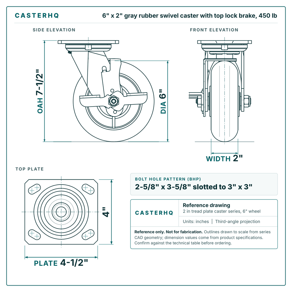 6 x 2 in gray rubber swivel caster with top lock brake reference drawing, side, front and top plate views with dimensions