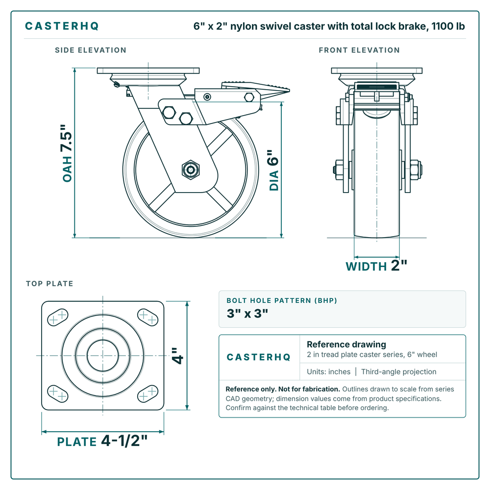 6 x 2 in nylon swivel caster with total lock brake reference drawing, side, front and top plate views with dimensions