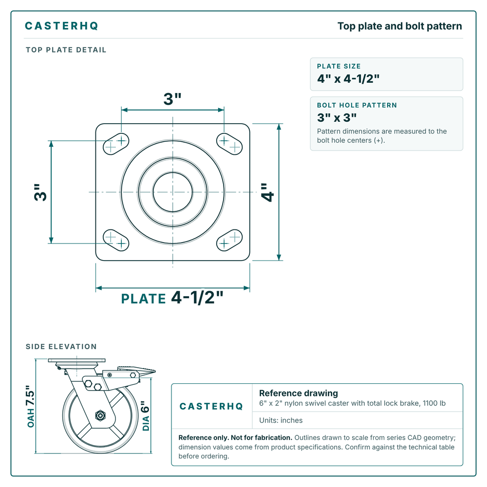 Top plate bolt pattern drawing, 4 x 4-1/2 in plate