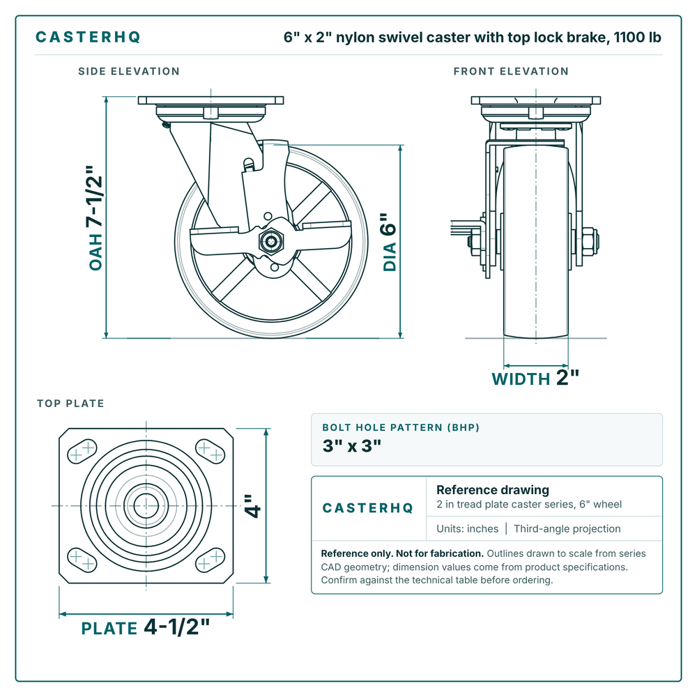 6 x 2 in nylon swivel caster with top lock brake reference drawing, side, front and top plate views with dimensions