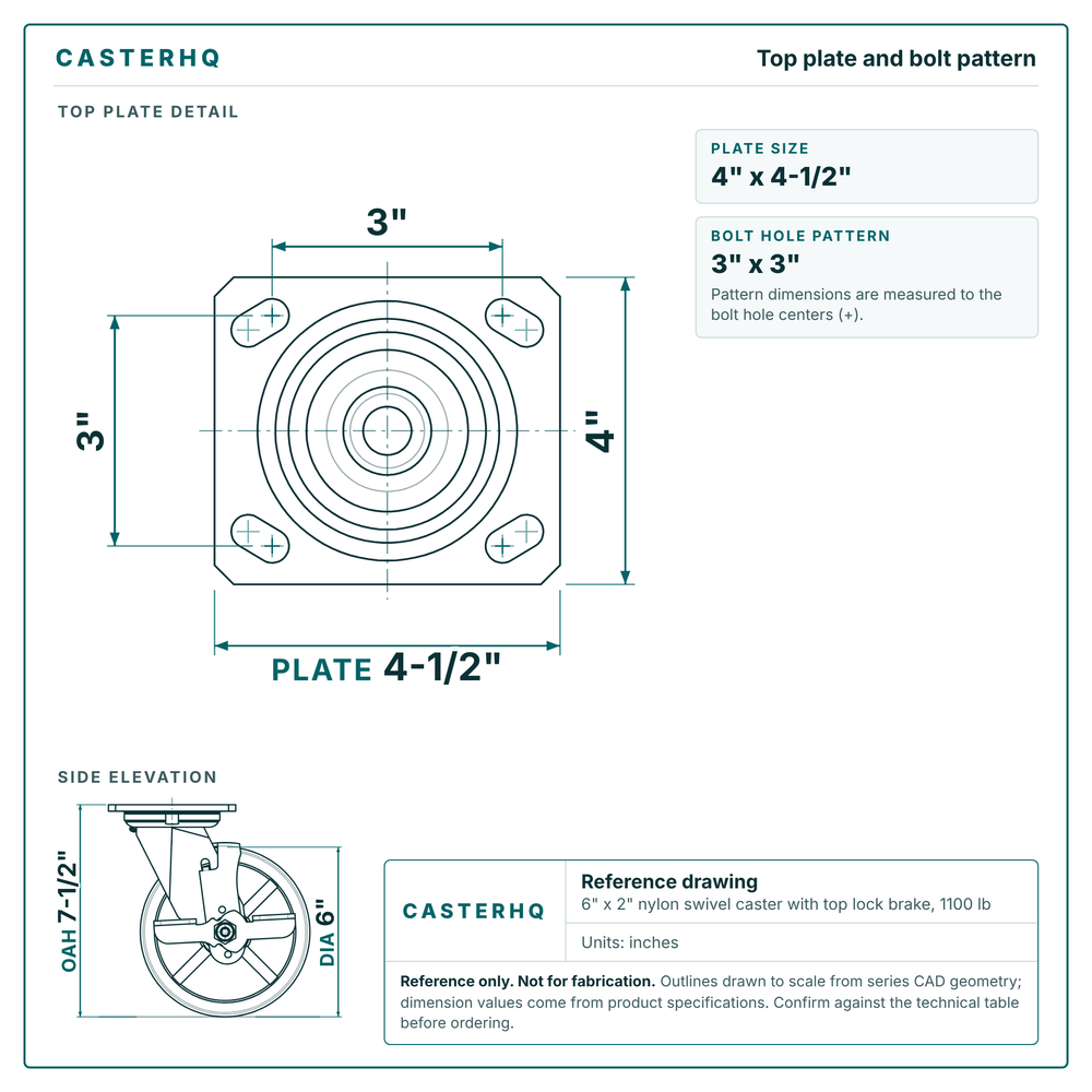 Top plate bolt pattern drawing, 4 x 4-1/2 in plate