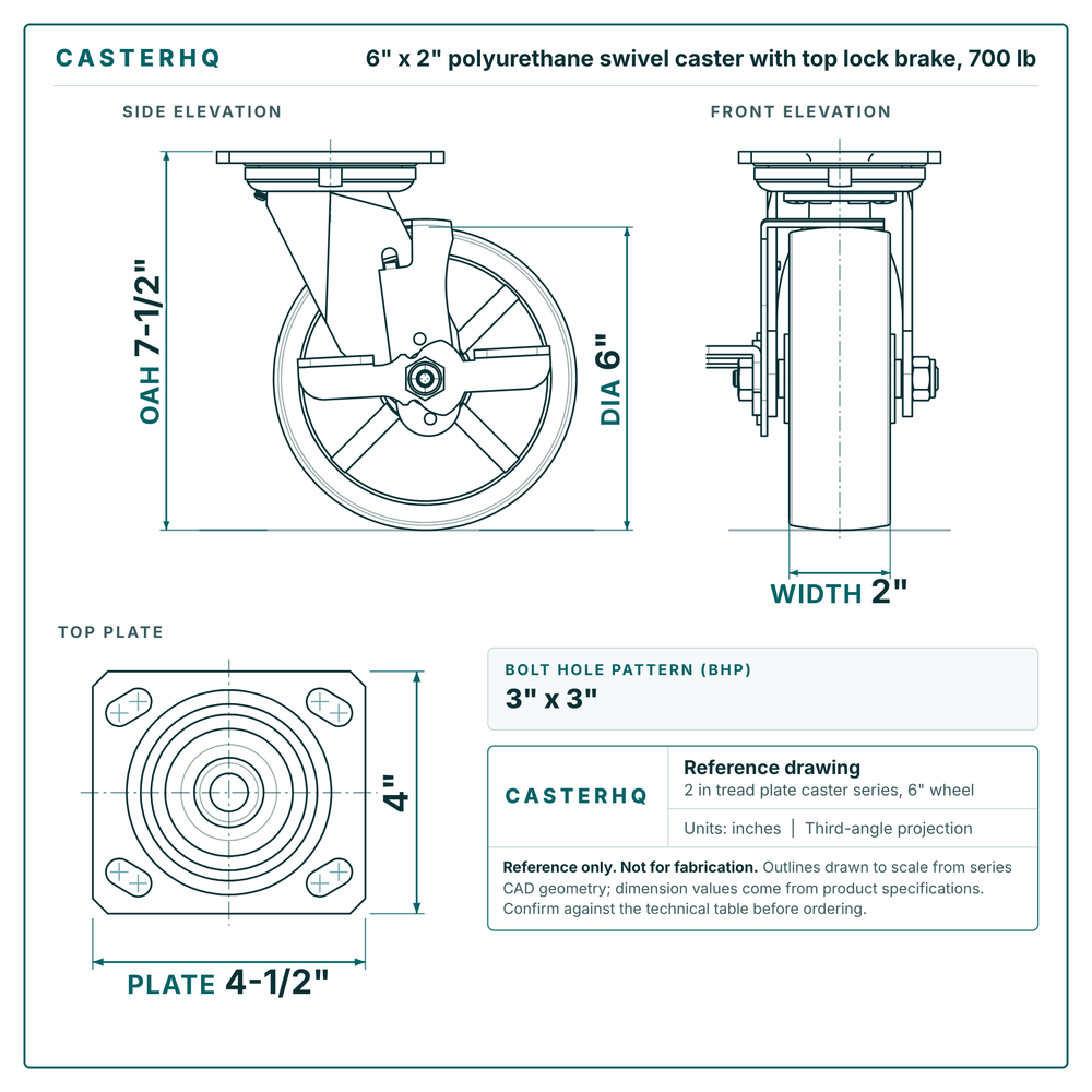 6 x 2 in polyurethane swivel caster with top lock brake reference drawing, side, front and top plate views with dimensions