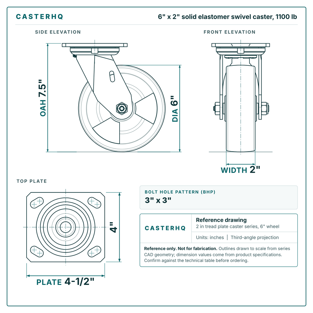 6 x 2 in solid elastomer swivel caster reference drawing, side, front and top plate views with dimensions