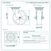 6 x 2 in solid elastomer swivel caster reference drawing, side, front and top plate views with dimensions