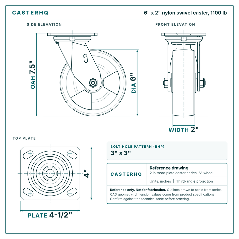 6 x 2 in nylon swivel caster reference drawing, side, front and top plate views with dimensions