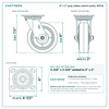 6 x 2 in gray rubber swivel caster reference drawing, side, front and top plate views with dimensions