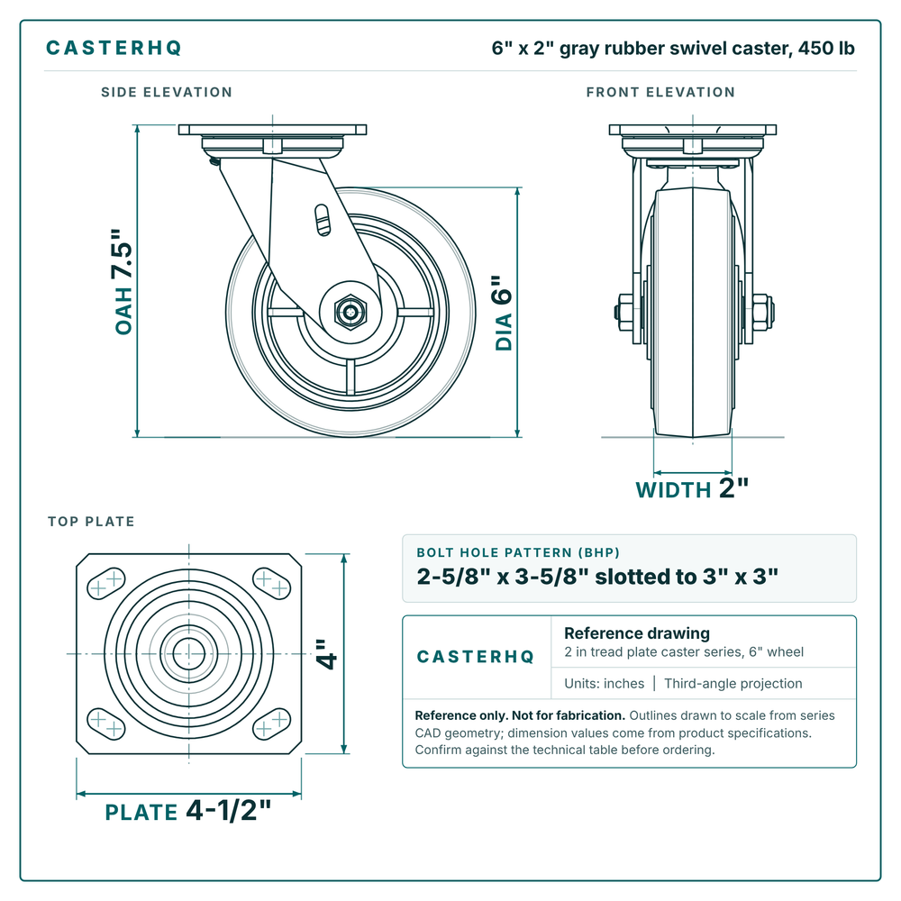 6 x 2 in gray rubber swivel caster reference drawing, side, front and top plate views with dimensions