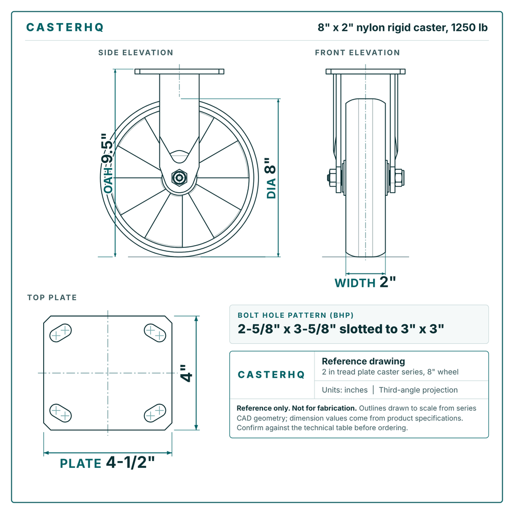 8 x 2 in nylon rigid caster reference drawing, side, front and top plate views with dimensions