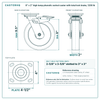 8 x 2 in high temp phenolic swivel caster with total lock brake reference drawing, side, front and top plate views with dimensions