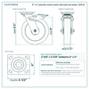 8 x 2 in phenolic swivel caster with total lock brake reference drawing, side, front and top plate views with dimensions