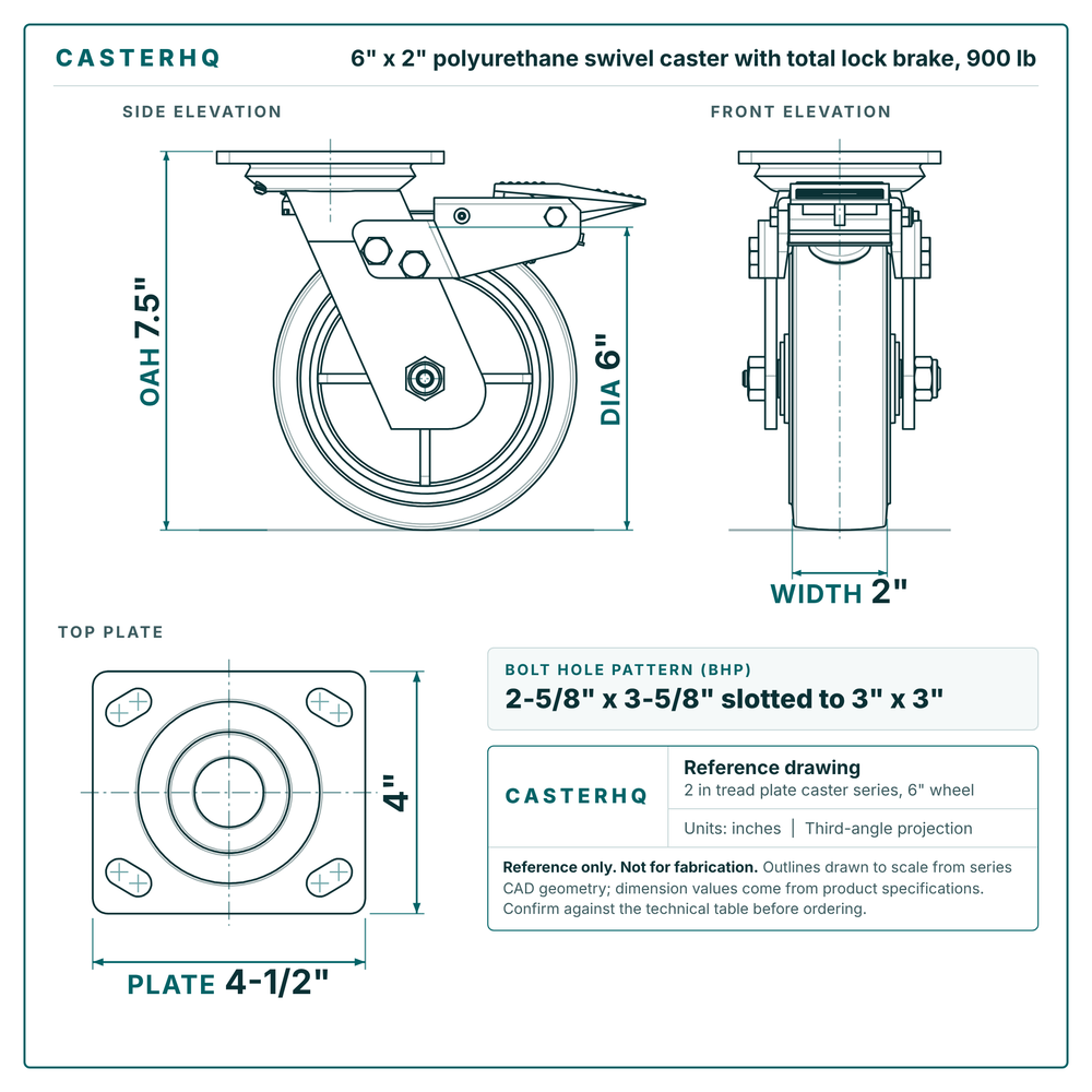 6 x 2 in polyurethane swivel caster with total lock brake reference drawing, side, front and top plate views with dimensions