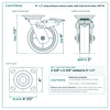 6 x 2 in polyurethane swivel caster with total lock brake reference drawing, side, front and top plate views with dimensions