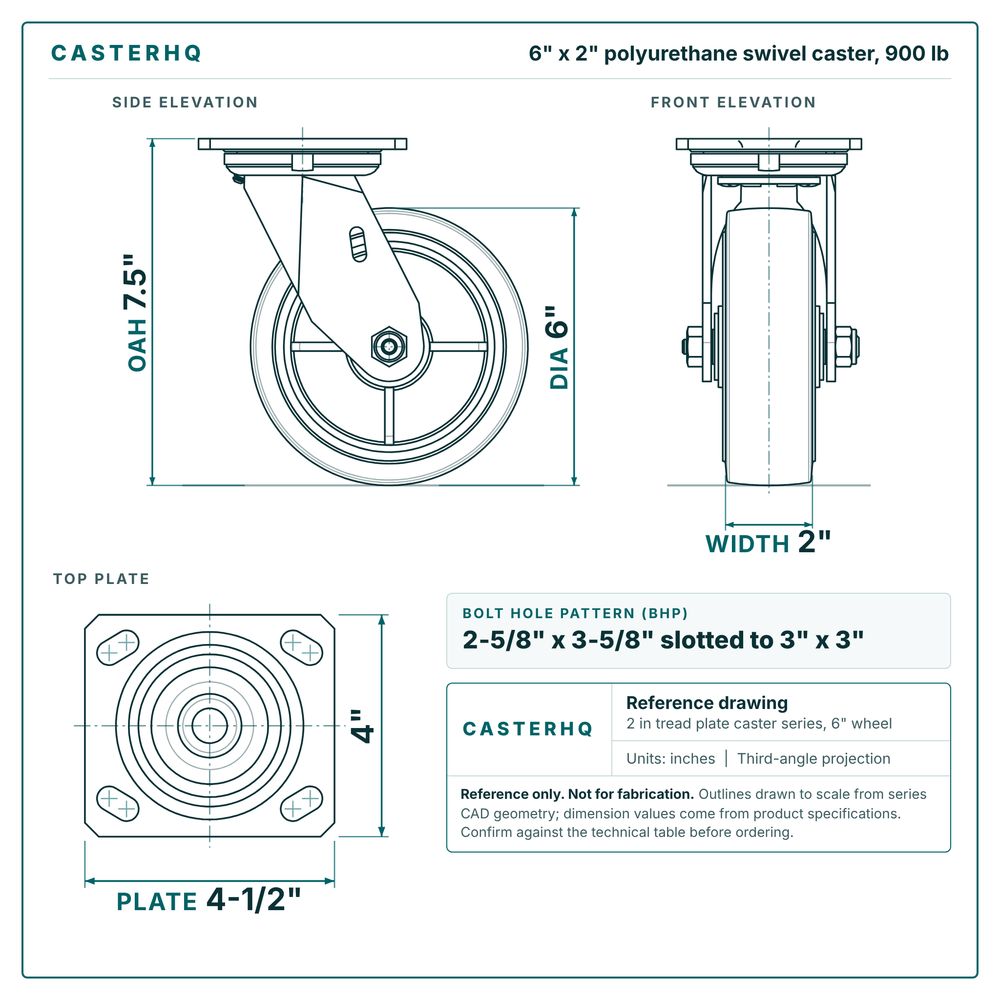 6 x 2 in polyurethane swivel caster reference drawing, side, front and top plate views with dimensions