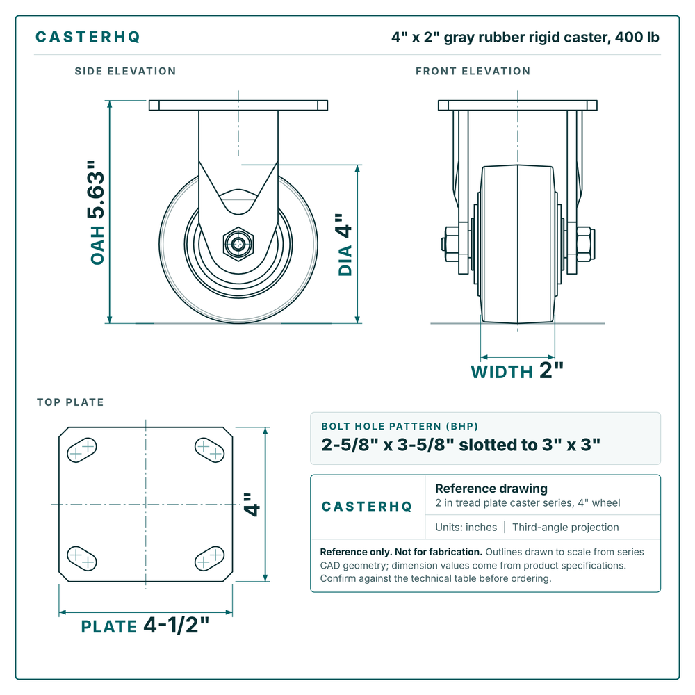 4 x 2 in gray rubber rigid caster reference drawing, side, front and top plate views with dimensions