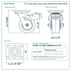 4 x 2 in gray rubber swivel caster with total lock brake reference drawing, side, front and top plate views with dimensions