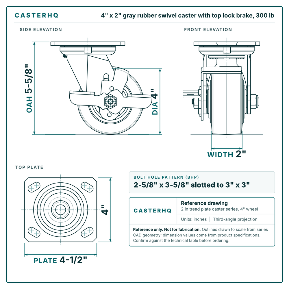 4 x 2 in gray rubber swivel caster with top lock brake reference drawing, side, front and top plate views with dimensions