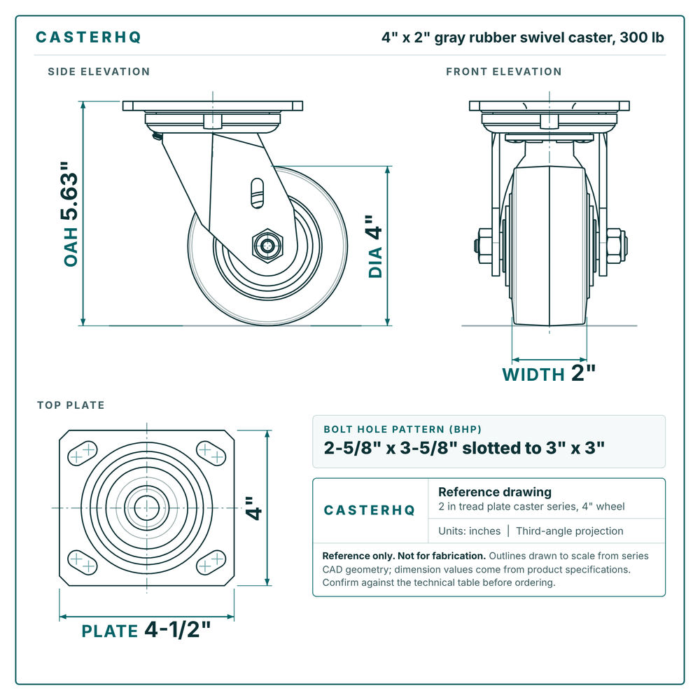 4 x 2 in gray rubber swivel caster reference drawing, side, front and top plate views with dimensions