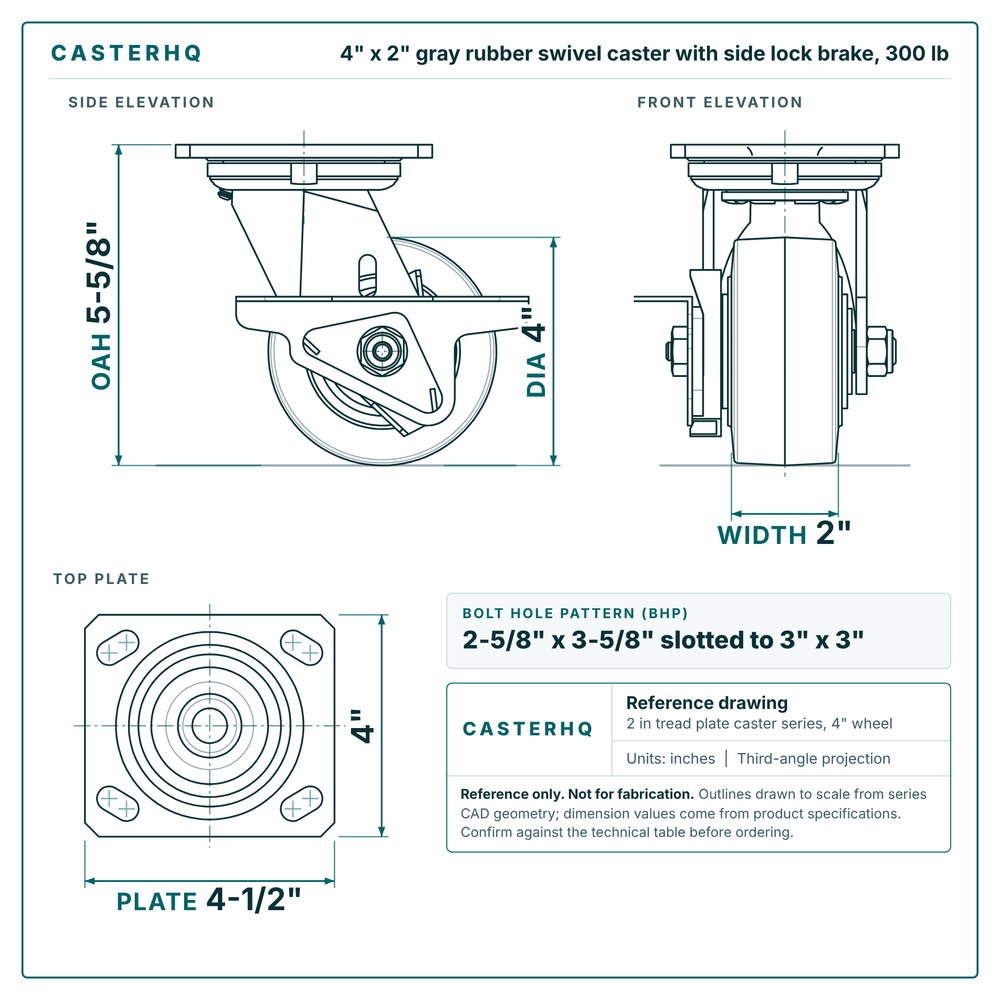 4 x 2 in gray rubber swivel caster with side lock brake reference drawing, side, front and top plate views with dimensions