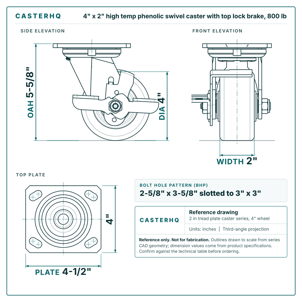 4 x 2 in high temp phenolic swivel caster with top lock brake reference drawing, side, front and top plate views with dimensions