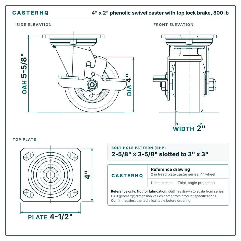 4 x 2 in phenolic swivel caster with top lock brake reference drawing, side, front and top plate views with dimensions