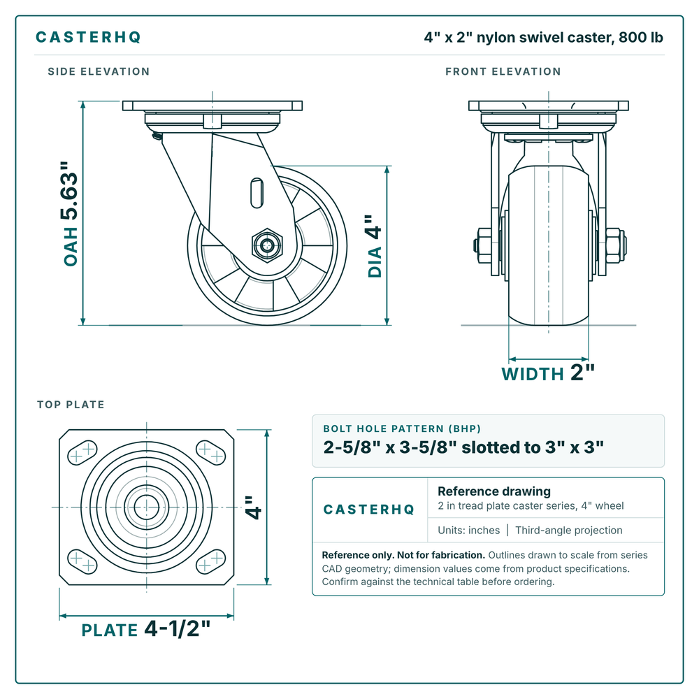 4 x 2 in nylon swivel caster reference drawing, side, front and top plate views with dimensions