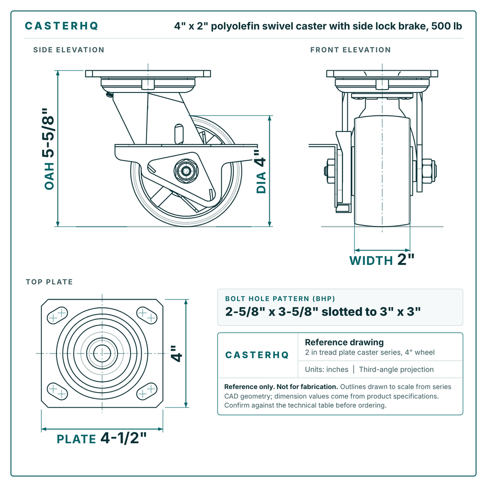 4 x 2 in polyolefin swivel caster with side lock brake reference drawing, side, front and top plate views with dimensions