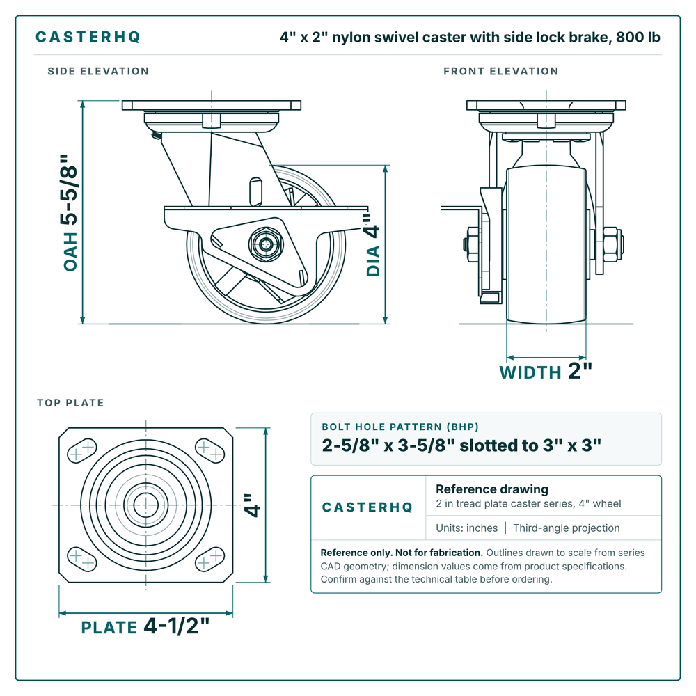 4 x 2 in nylon swivel caster with side lock brake reference drawing, side, front and top plate views with dimensions