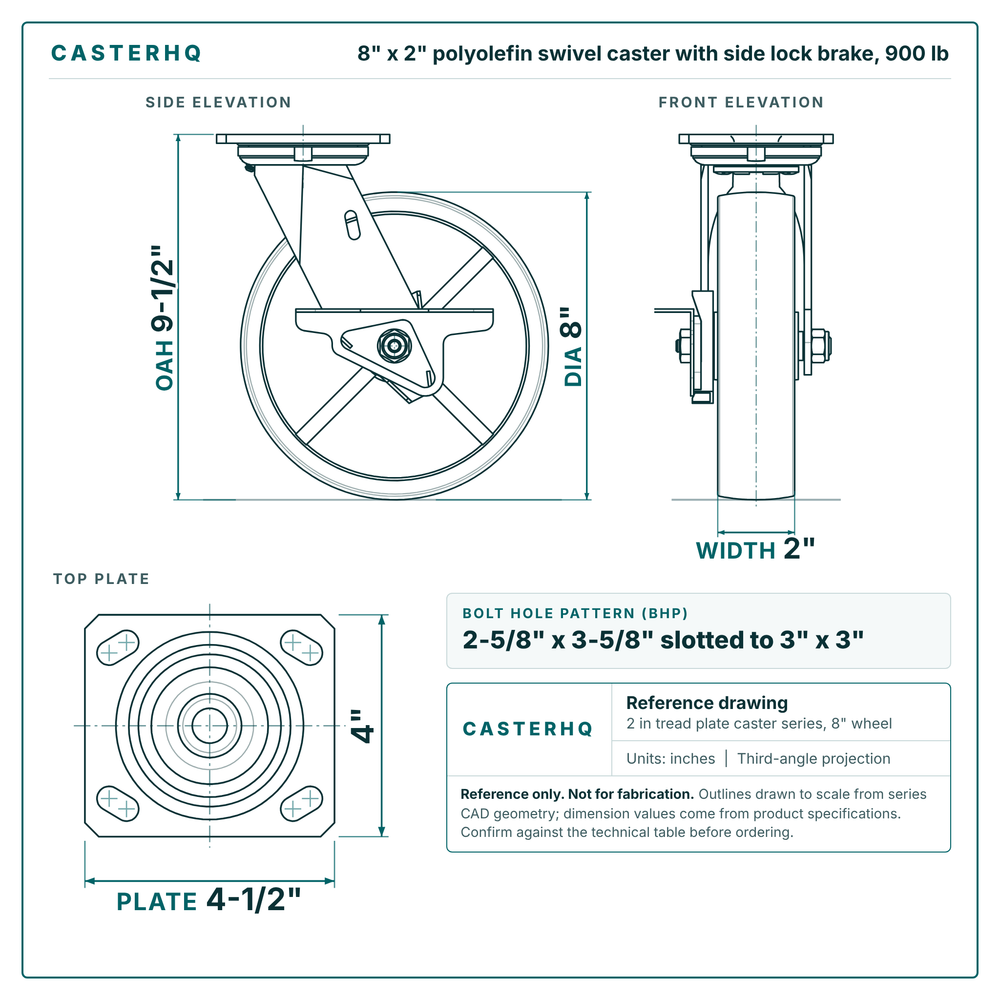 8 x 2 in polyolefin swivel caster with side lock brake reference drawing, side, front and top plate views with dimensions