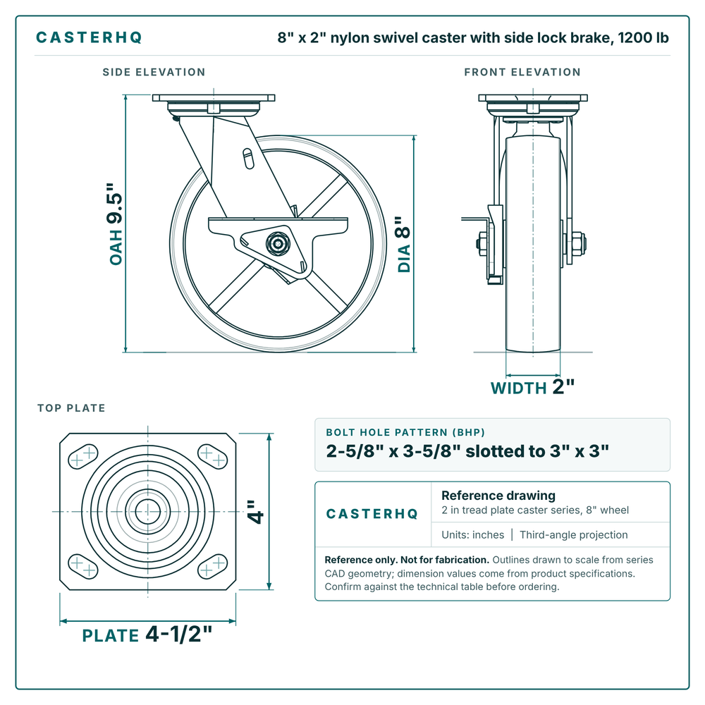 8 x 2 in nylon swivel caster with side lock brake reference drawing, side, front and top plate views with dimensions
