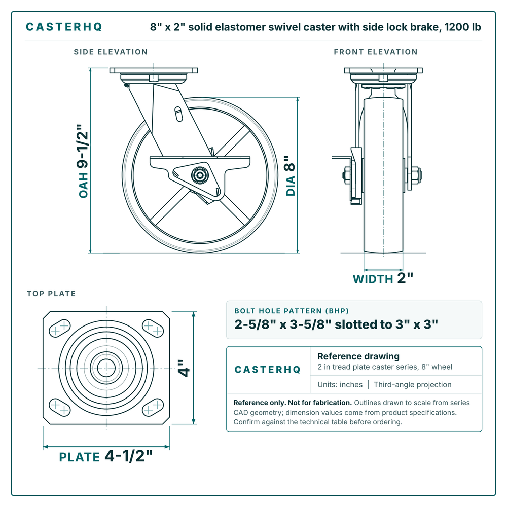 8 x 2 in solid elastomer swivel caster with side lock brake reference drawing, side, front and top plate views with dimensions