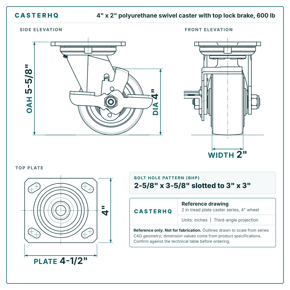 4 x 2 in polyurethane swivel caster with top lock brake reference drawing, side, front and top plate views with dimensions