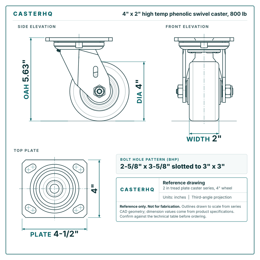 4 x 2 in high temp phenolic swivel caster reference drawing, side, front and top plate views with dimensions