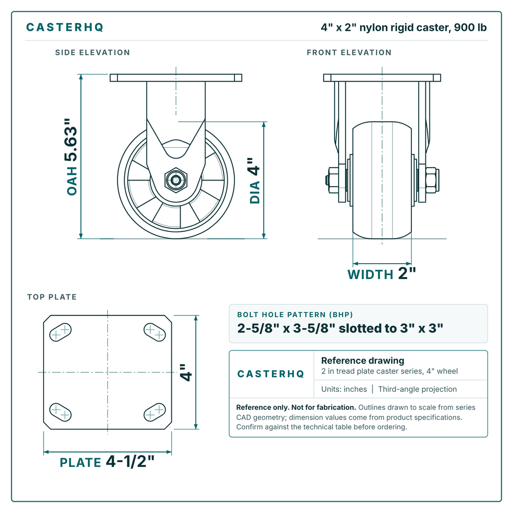 4 x 2 in nylon rigid caster reference drawing, side, front and top plate views with dimensions