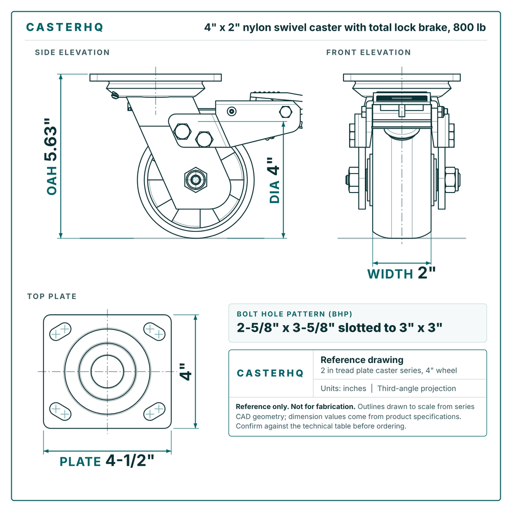 4 x 2 in nylon swivel caster with total lock brake reference drawing, side, front and top plate views with dimensions