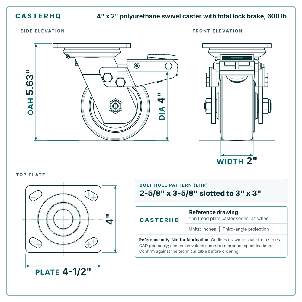 4 x 2 in polyurethane swivel caster with total lock brake reference drawing, side, front and top plate views with dimensions